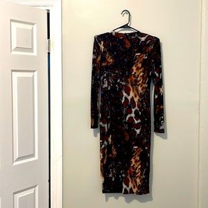 Brown Print Long Sleeve Midi Dress